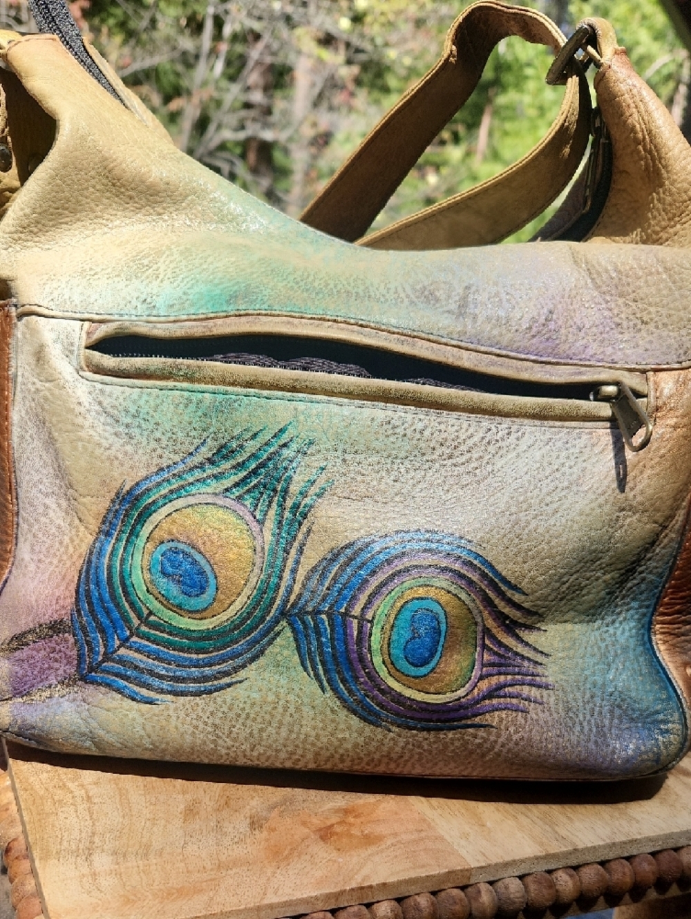 Anuschka Hand Painted Leather Peacock Feather Shoulder Bag